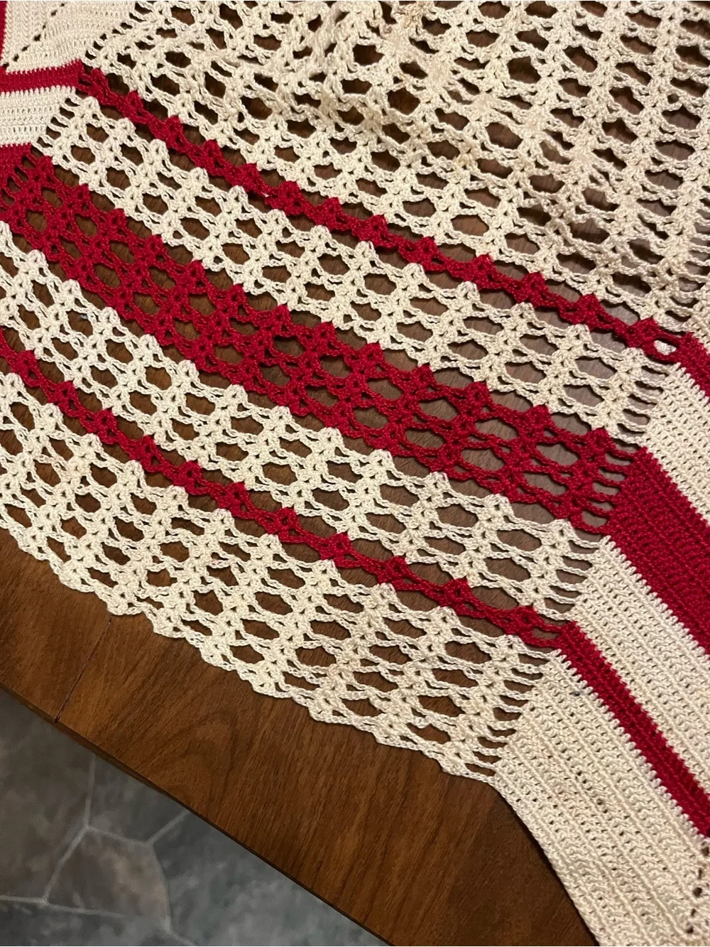 Handmade Cream and Red Crochet Apron with Red Ribbon
